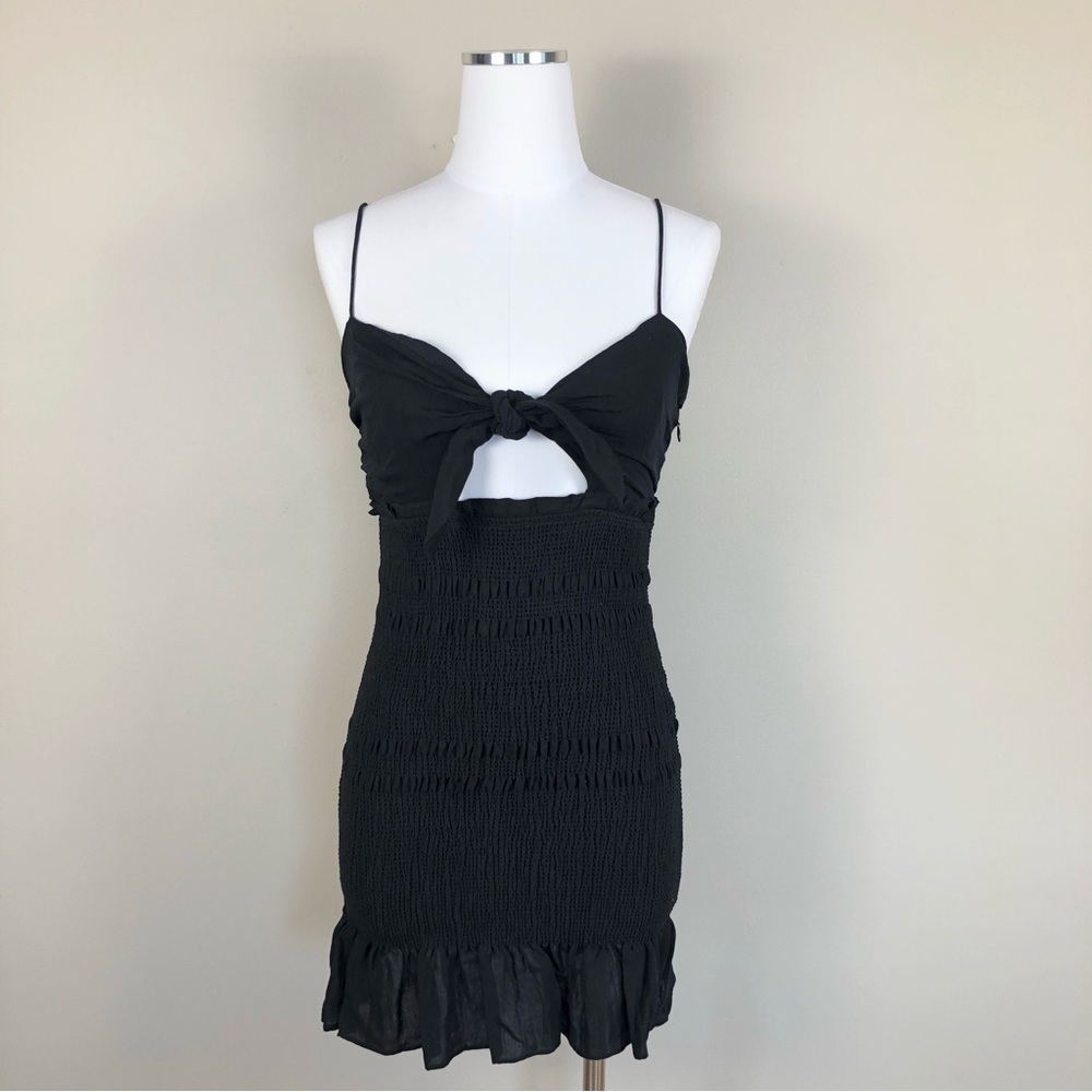 NWT LBD black rayon blend body con ruched ruffle hem front tie sexy mini dress S